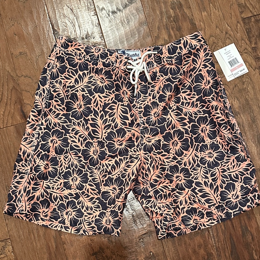 Tropical Floral Men's Swim Shorts - Navy and Orange
